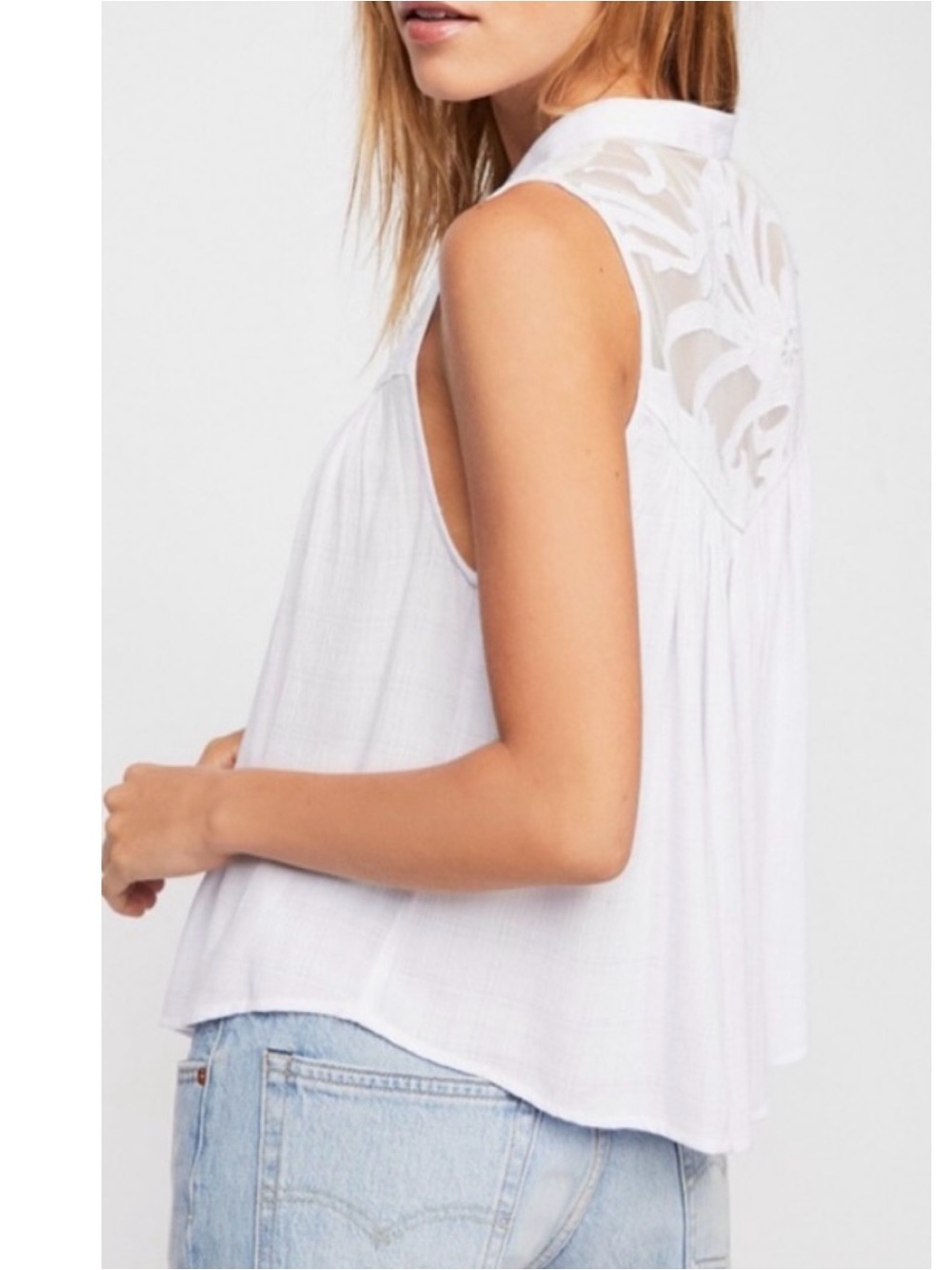 Free People Western Romance Top Size Medium White Embroidered Flowy - Picture 2 of 11